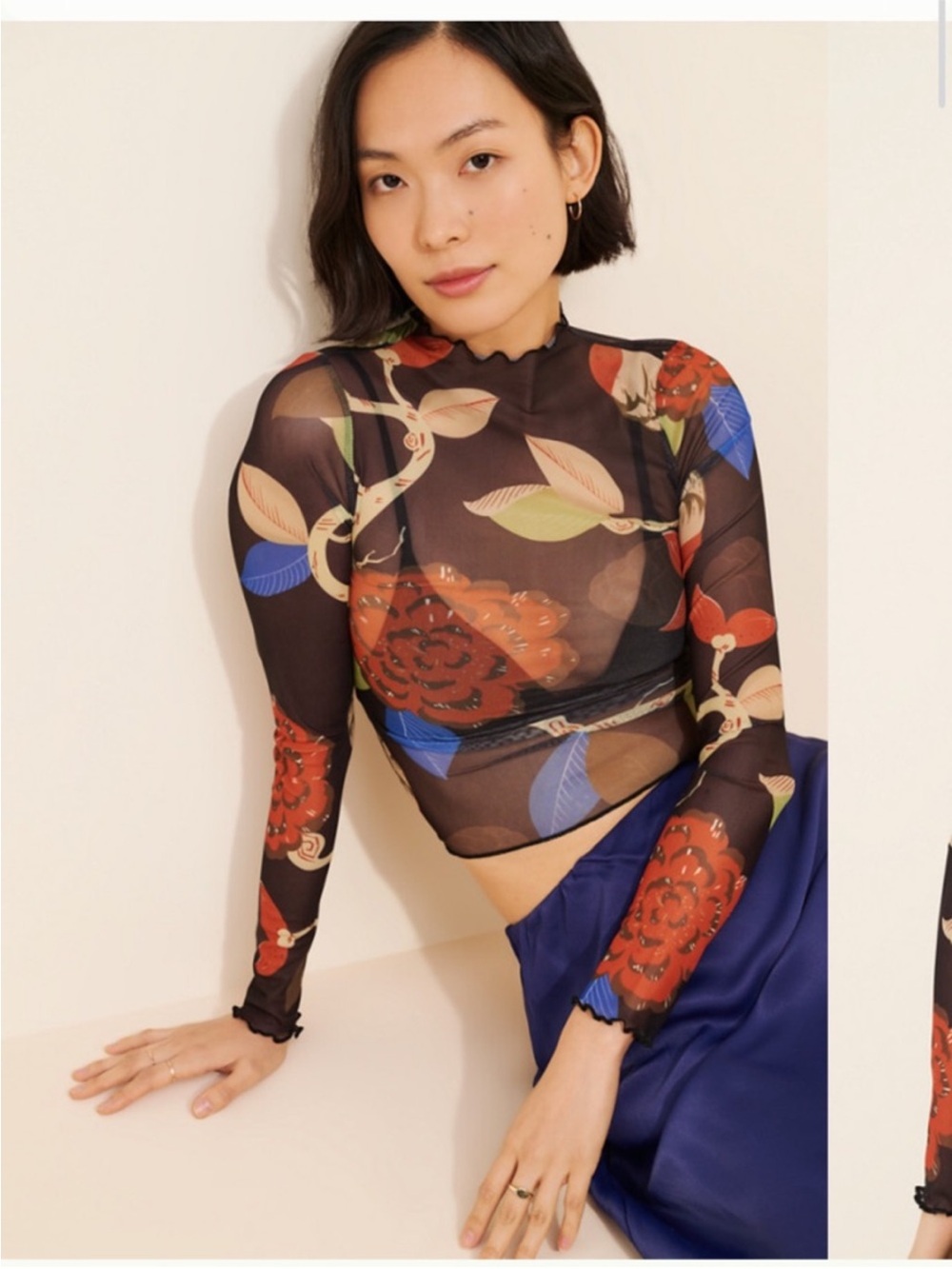 Sheer Black Floral Mesh Long-Sleeve Top